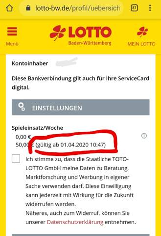 Lotto BW, online Spieleinsatz erhöhen? (Geld, Euro, Glück)