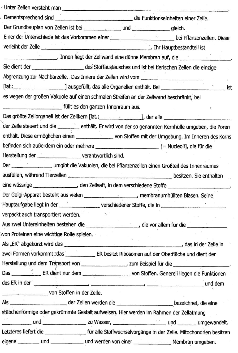 Lückentext und Fragen Thema: Zellorganellen? (Schule, Biologie)