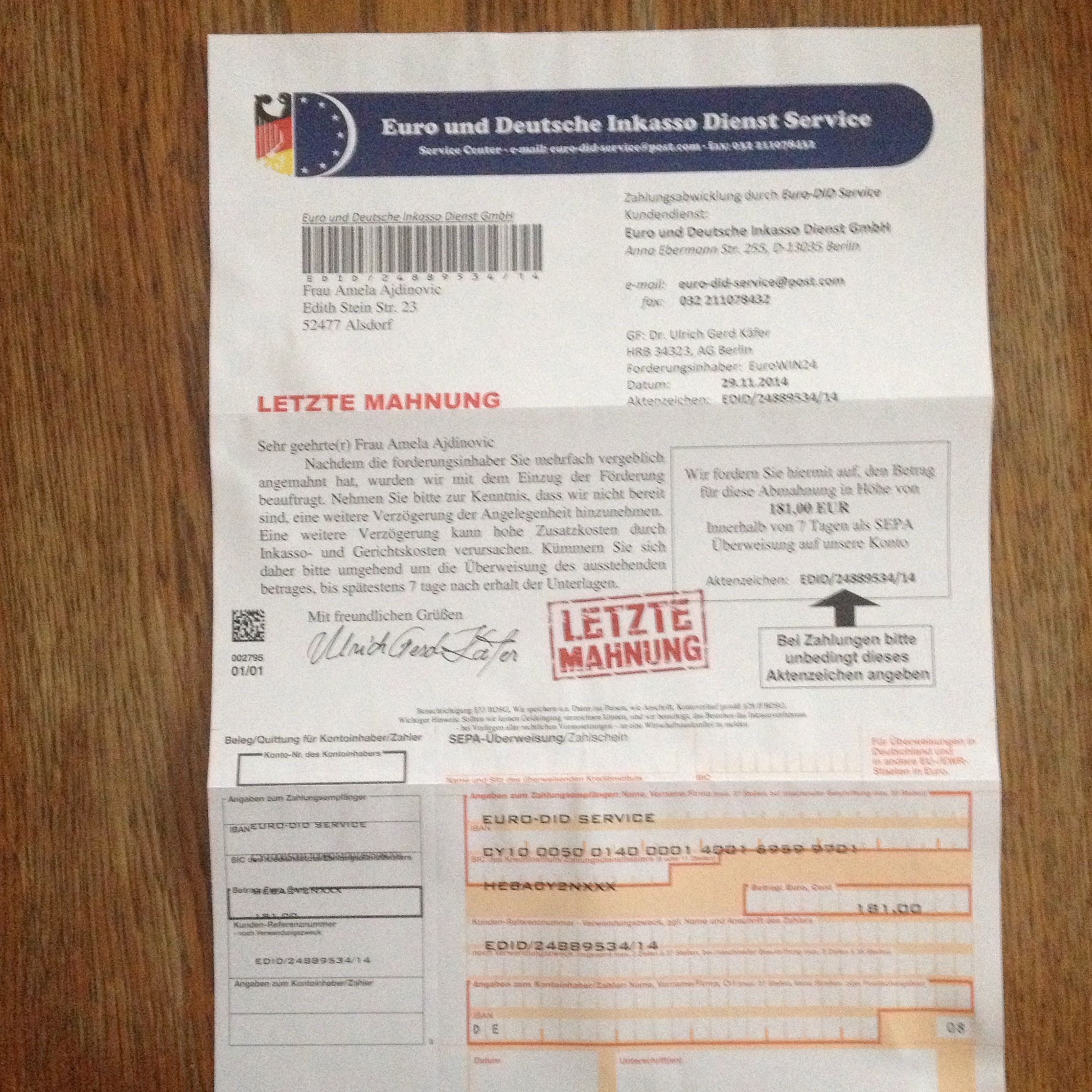 Mahnung Vom Euro Und Deutsche Inkasso Dienst Service Betrug Gewinnspiel