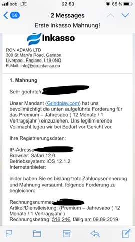 Mahnung Grindplay Gerichtsverfahren