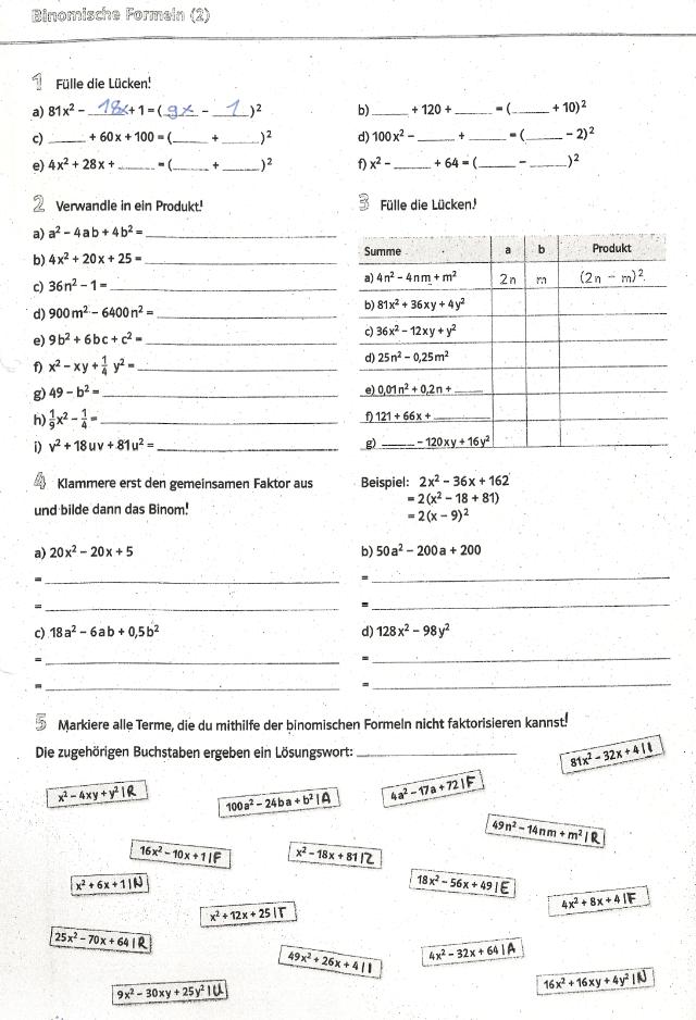 Mathe 8 Klasse Binomische Formeln Hausaufgaben Arbeitsblatt