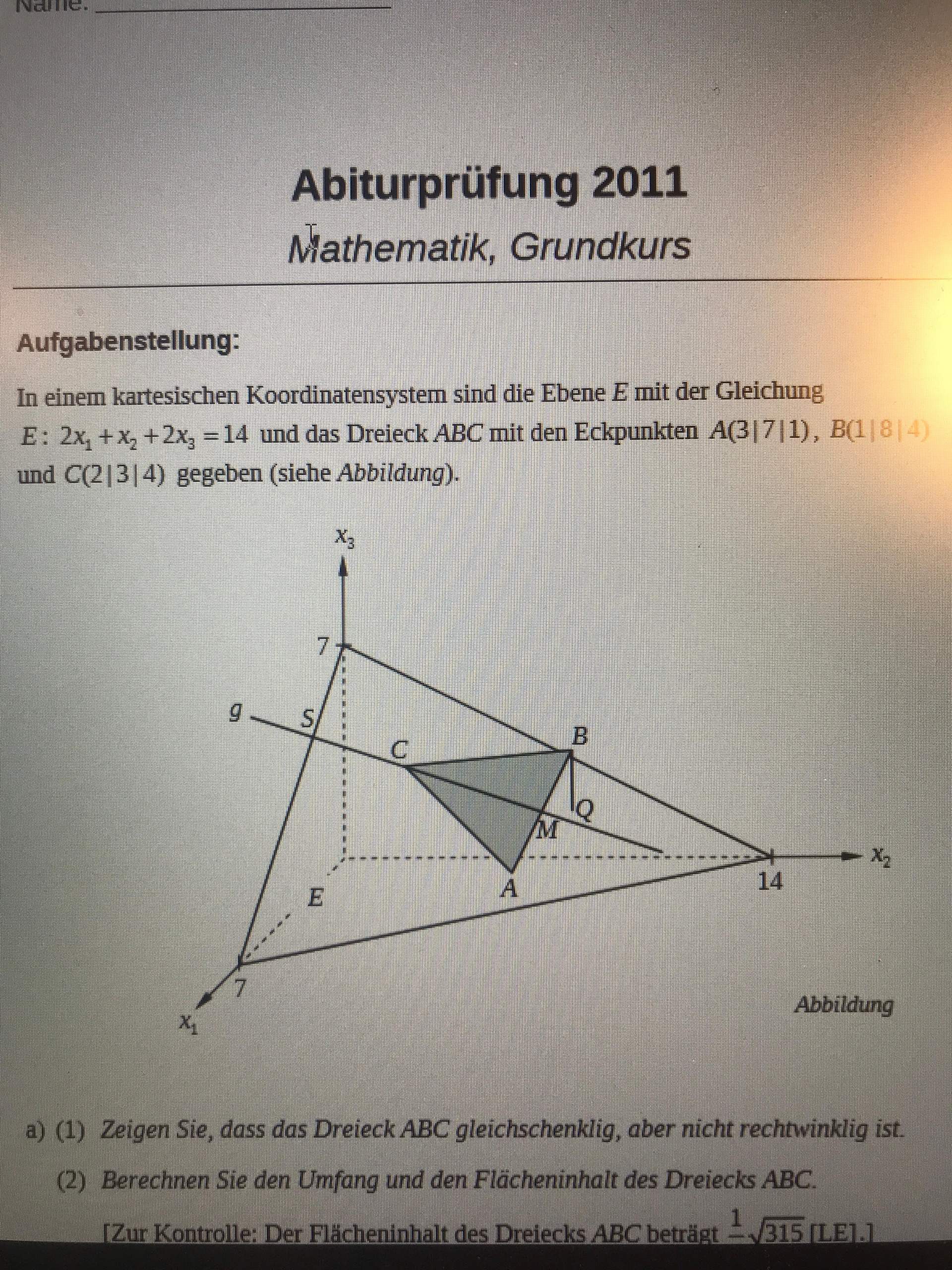 Mathe Abitur Aufgabe 2011 Schule Mathematik