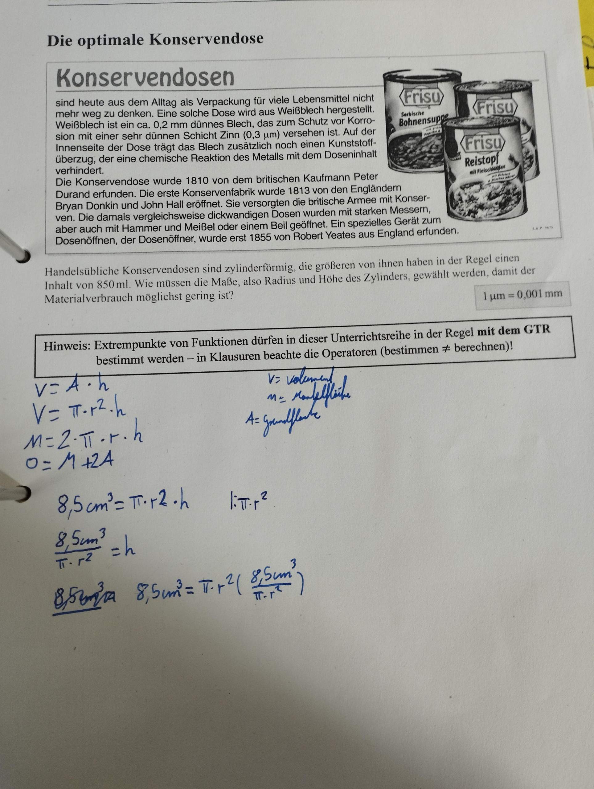 Mathe Aufgabe radius und höhe eines Zylinders anhand des Volumens