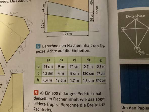 Mathe Flächeninhalt eines Trapezes mit verschiedenen Einheiten
