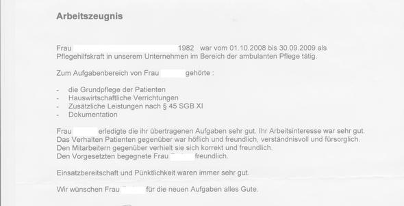Pflege - (Arbeitszeugnis, Arbeitszeugnis 1)