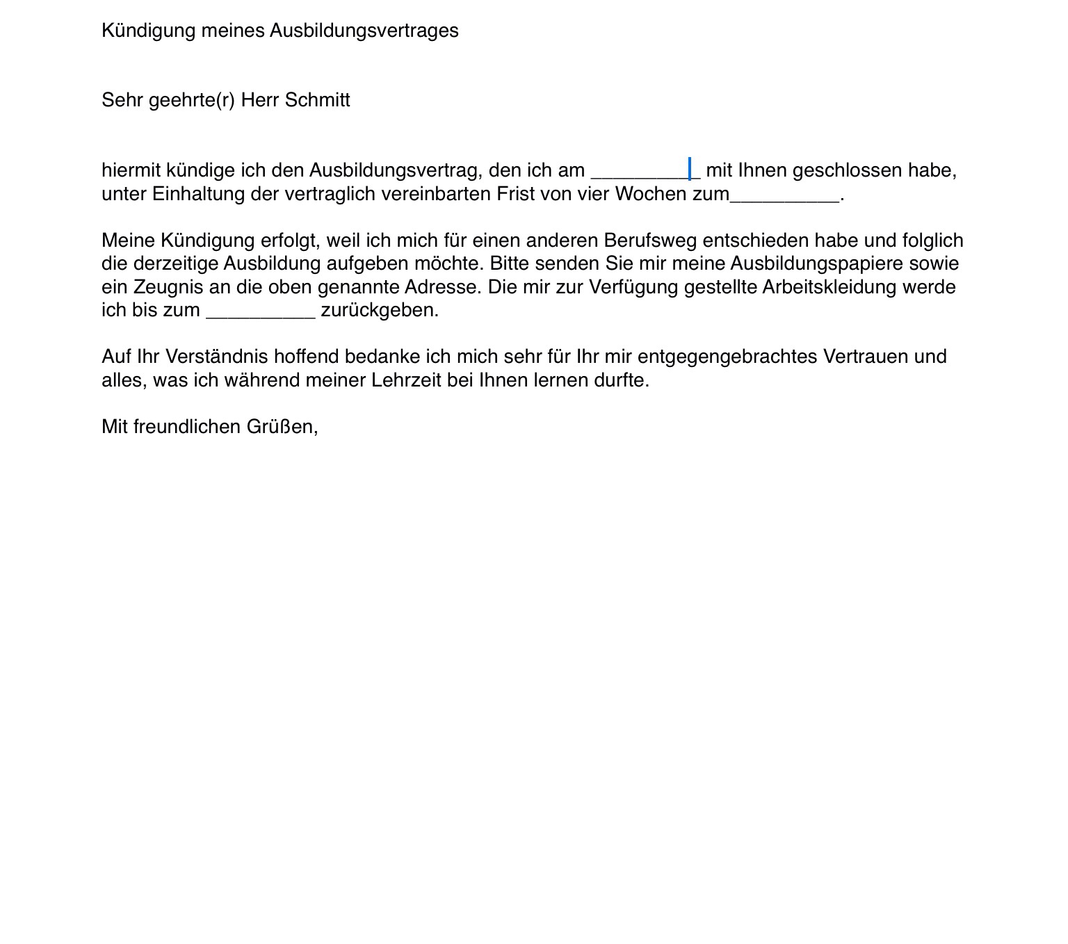 Meine kündigung verbessern (Ausbildung, Aufgabe)