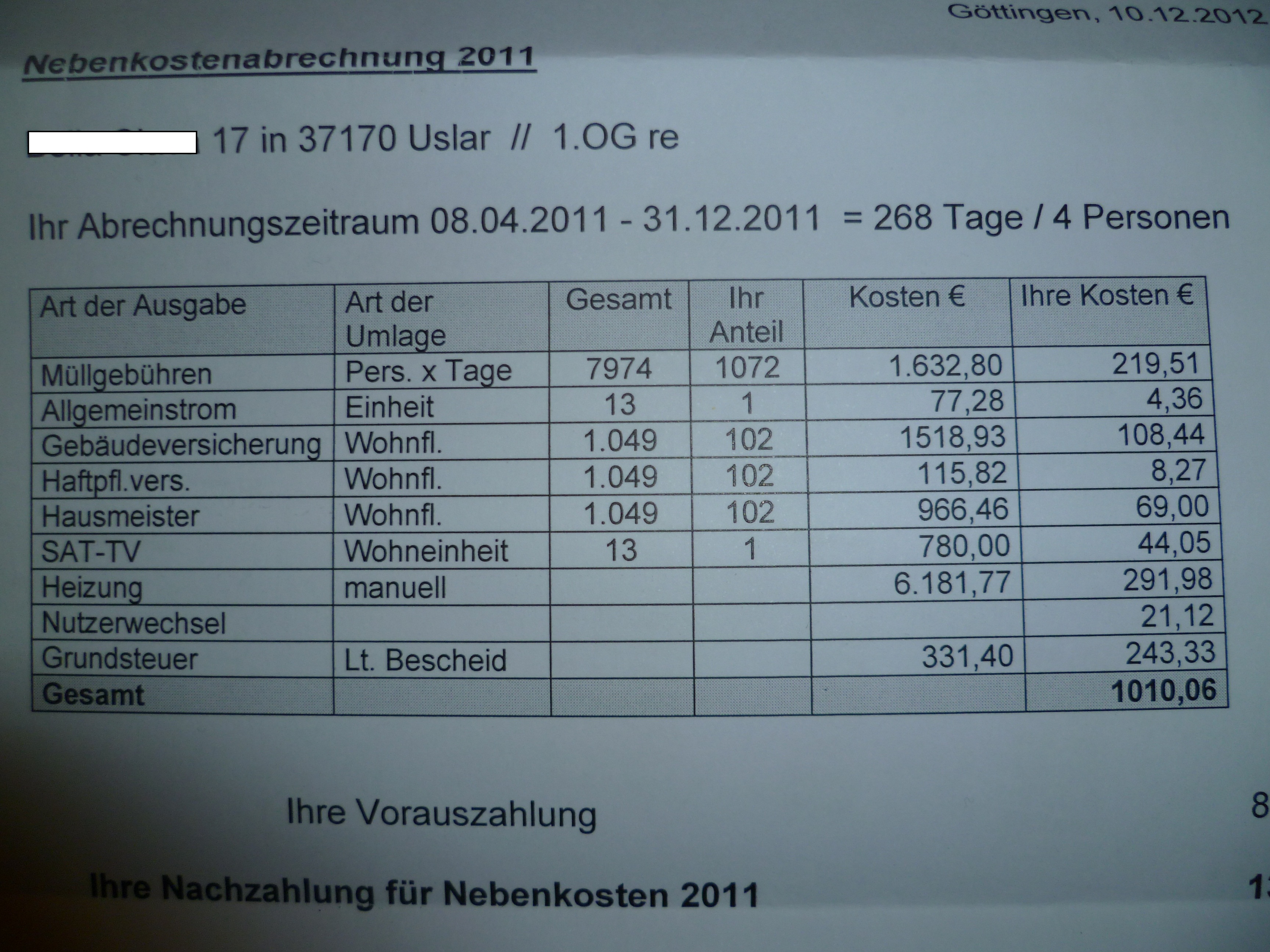 Mietrecht Nebenkostenabrechnung Betriebskostenabrechnung (Vermieter ...