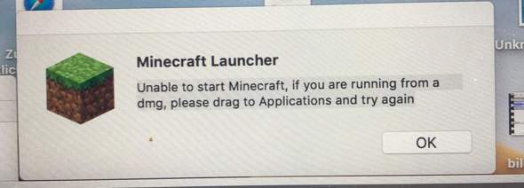 unable to start minecraft, if you are running from a dmg, please drag to applications and try again