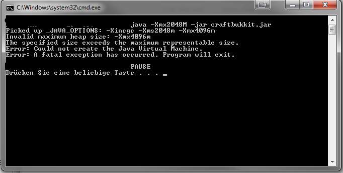 Minecraft bukkit server startet nicht invalid maximum heap size 