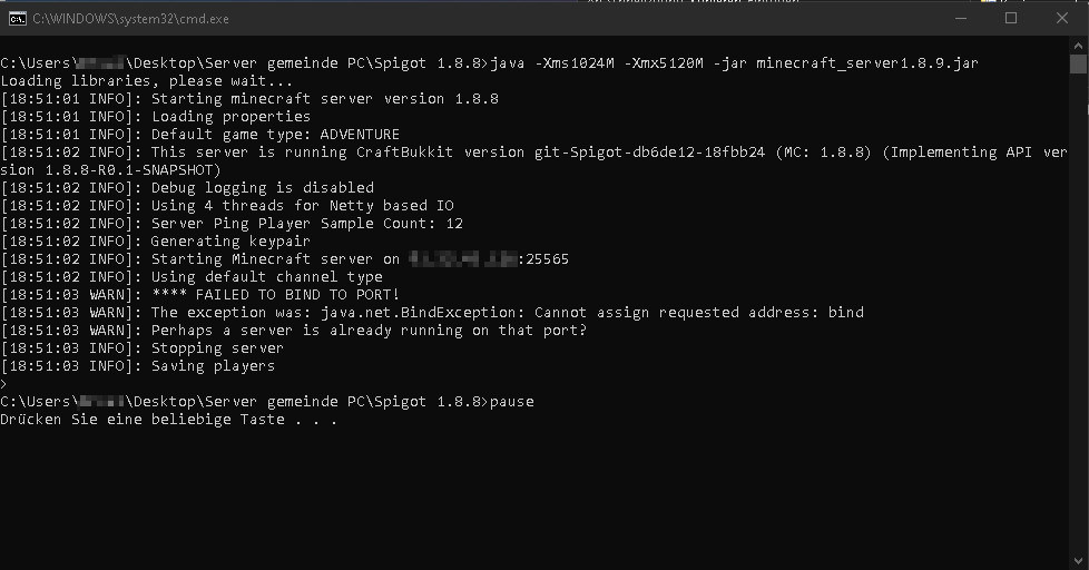 Failed to bind to port minecraft server что делать