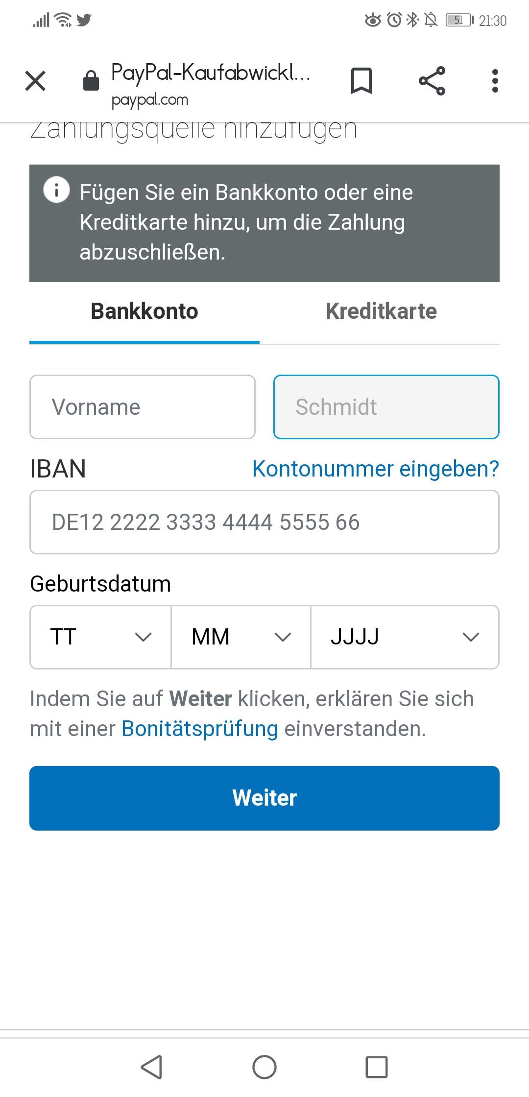 Mit PayPal bezahlen geht nicht, Daten erneut angeben? (Bank, Konto ...