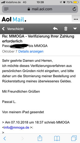 MMOGA möchte eine Zahlungsverifizierung nach Abbuchung vom