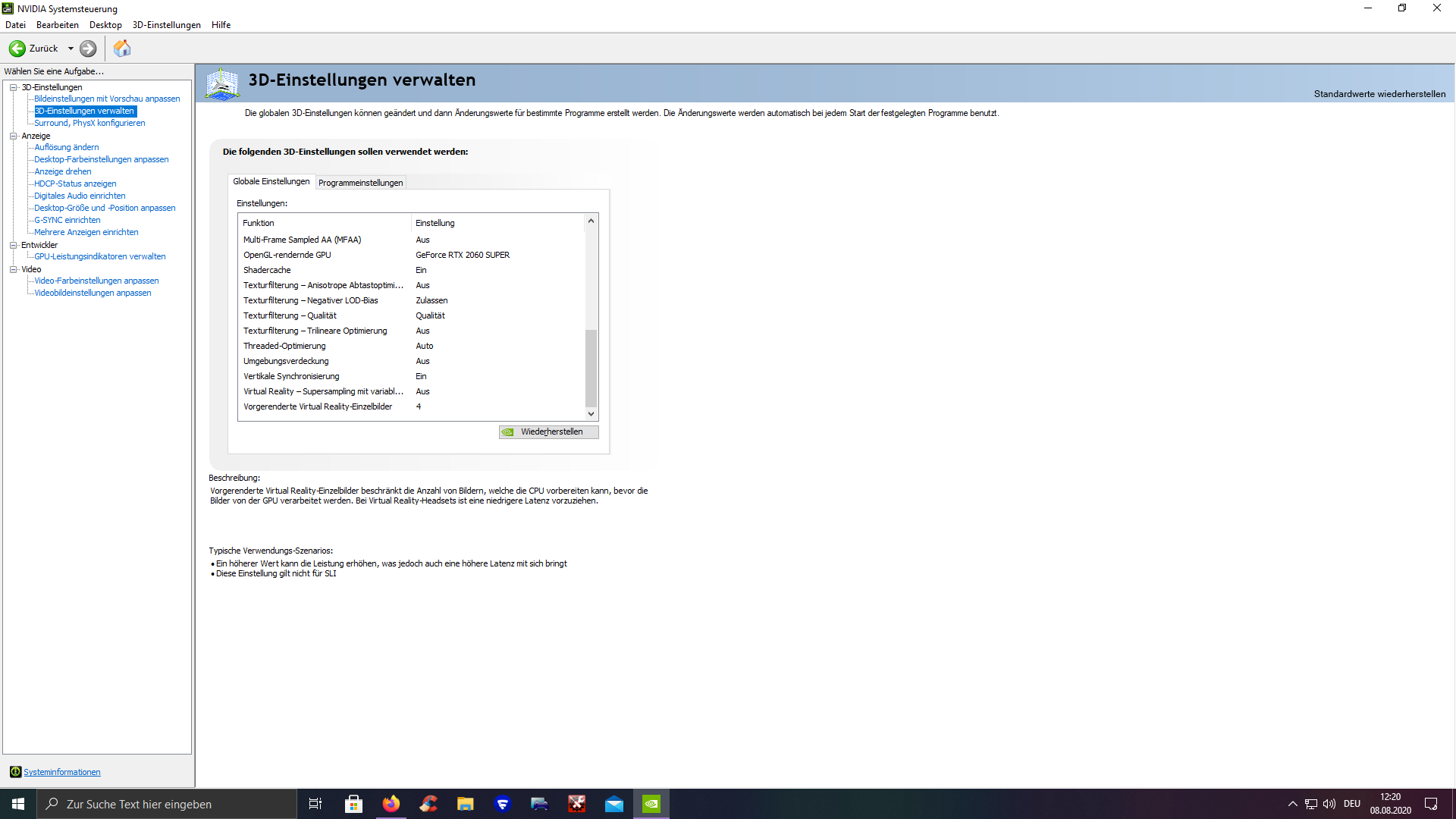Modus für geringe Latenz in den Nvidia Systemsteuerungen auf aus, ein oder auf ultra schalten