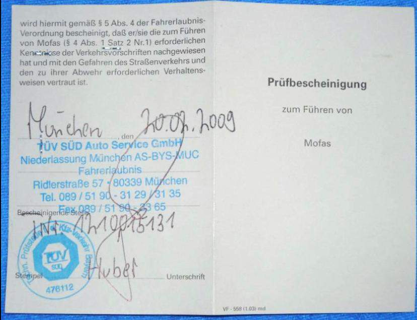 Mofa prüfbescheinigung? (Führerschein, Roller)