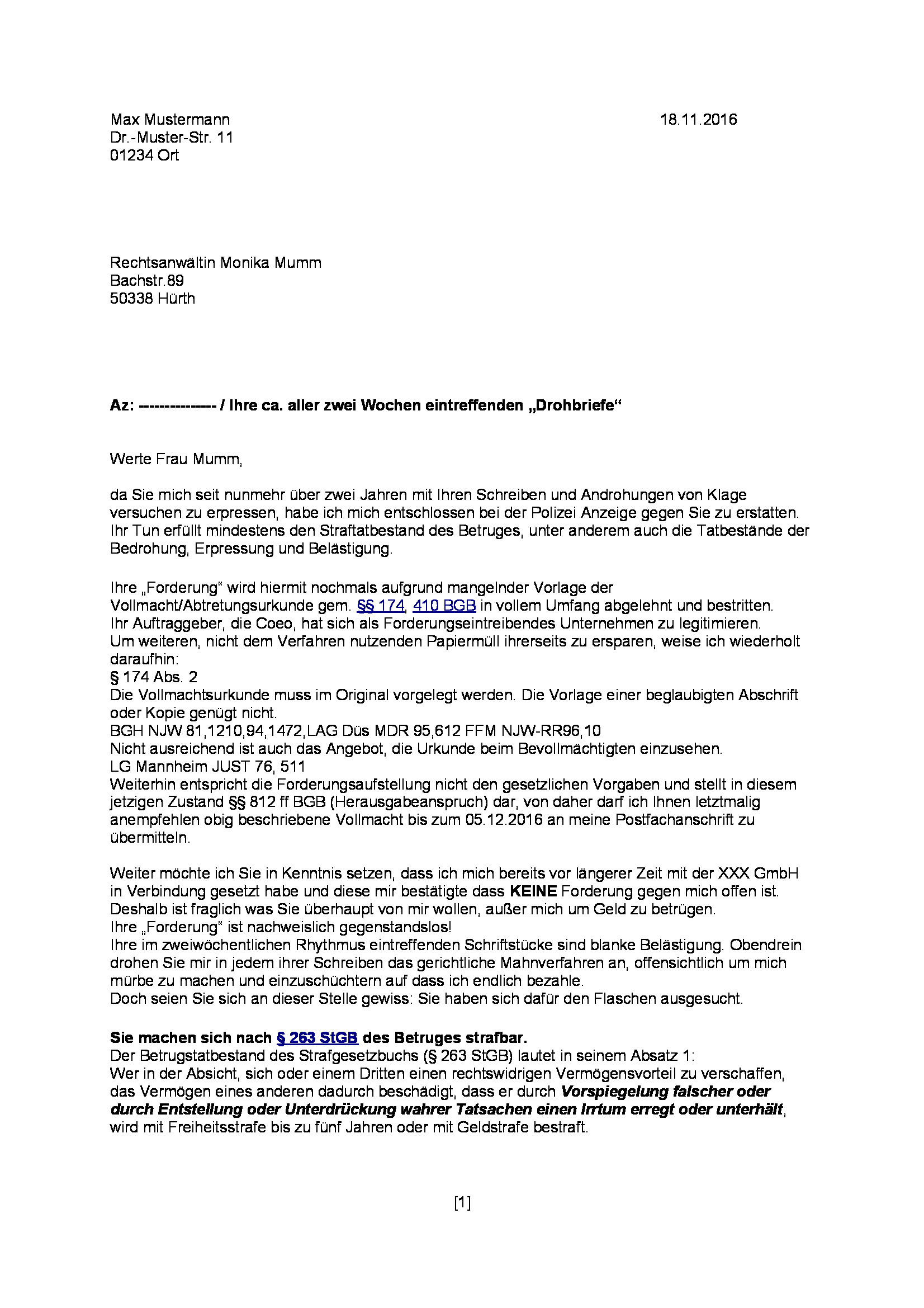 Monika Mumm, Coeo Inkasso und ihre Betrügereien anzeigen ...