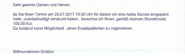 Muss ich diese Zahnarztrechnung (wegen Terminversäumnis) zahlen