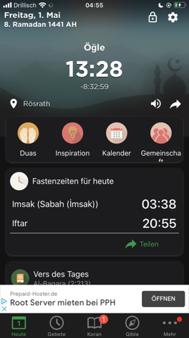 Nach welcher Zeit darf man im Ramadan nicht mehr essen und trinken, bin Türke und habe auch eine app da steht was anderes als bei muslim pro? (Köln)?