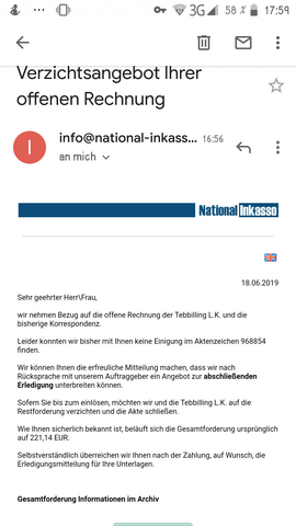 National Inkasso Rechnung Fur Tebbiling Lk Internet Recht Geld