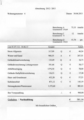 Nebenkostenabrechnung erleuterung (wohnen, Miete, Mietvertrag)