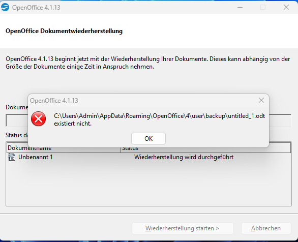 OpenOffice 4.1.13 öffnet durch Anklicken keine Dateien mehr?
