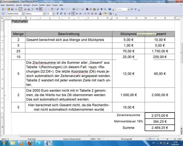 Openoffice Writer Tabelle Formatieren Rechnung Edv Textverarbeitung