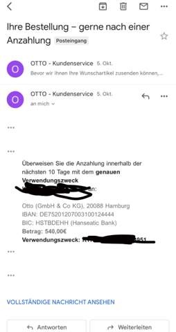 Otto Bestellung Anzahlung Getatigt Nun Wird Vorkasse Verlangt
