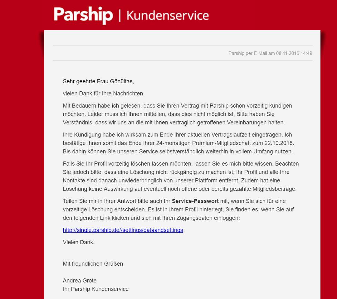 Löschen parship account Bei PARSHIP