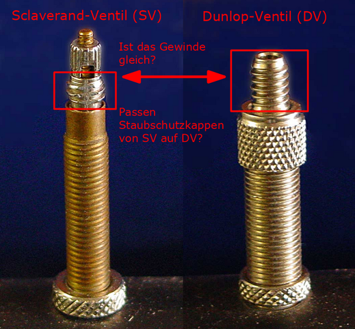 Vergleich Gewinde DV und SV - Staubschutzkappe - (Fahrrad, Schutz, Ventil)