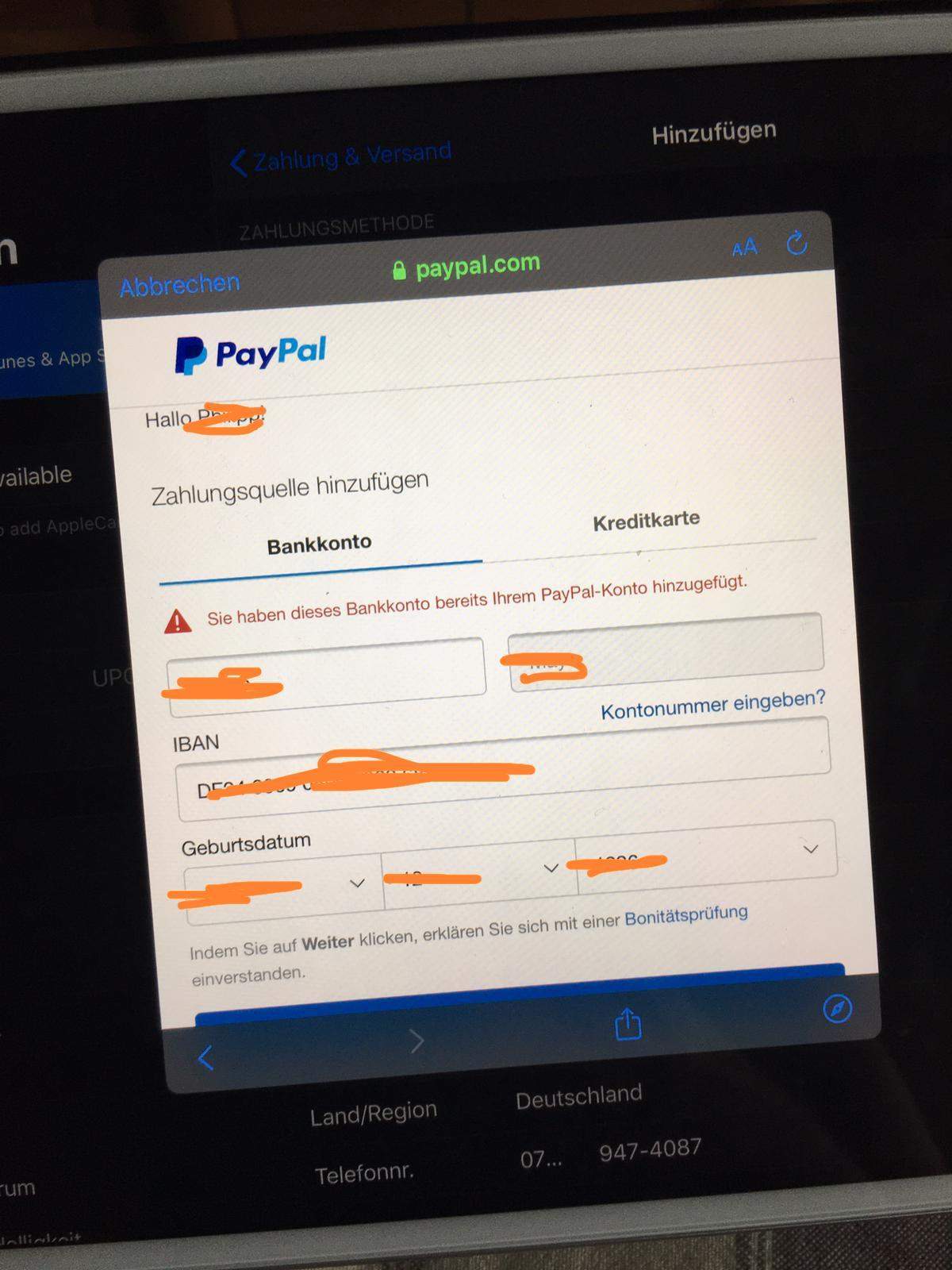 Paypal fragt trotz verbundenen Konto nach Bankverbindung? (Computer, Apple, iOS)