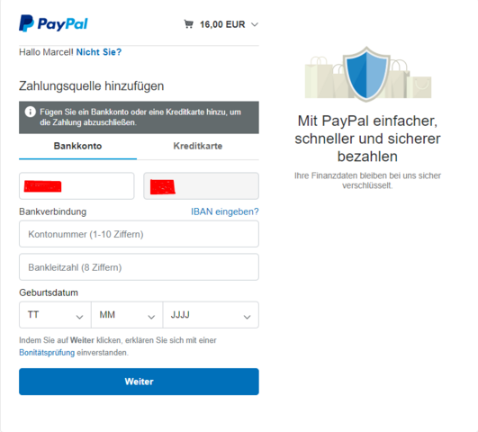 Paypal Fugen Sie Ein Bankkonto Oder Eine Kreditkarte Hinzu Um Die Zahlung Abzuschliessen Habe Ich Bereits Geld Online