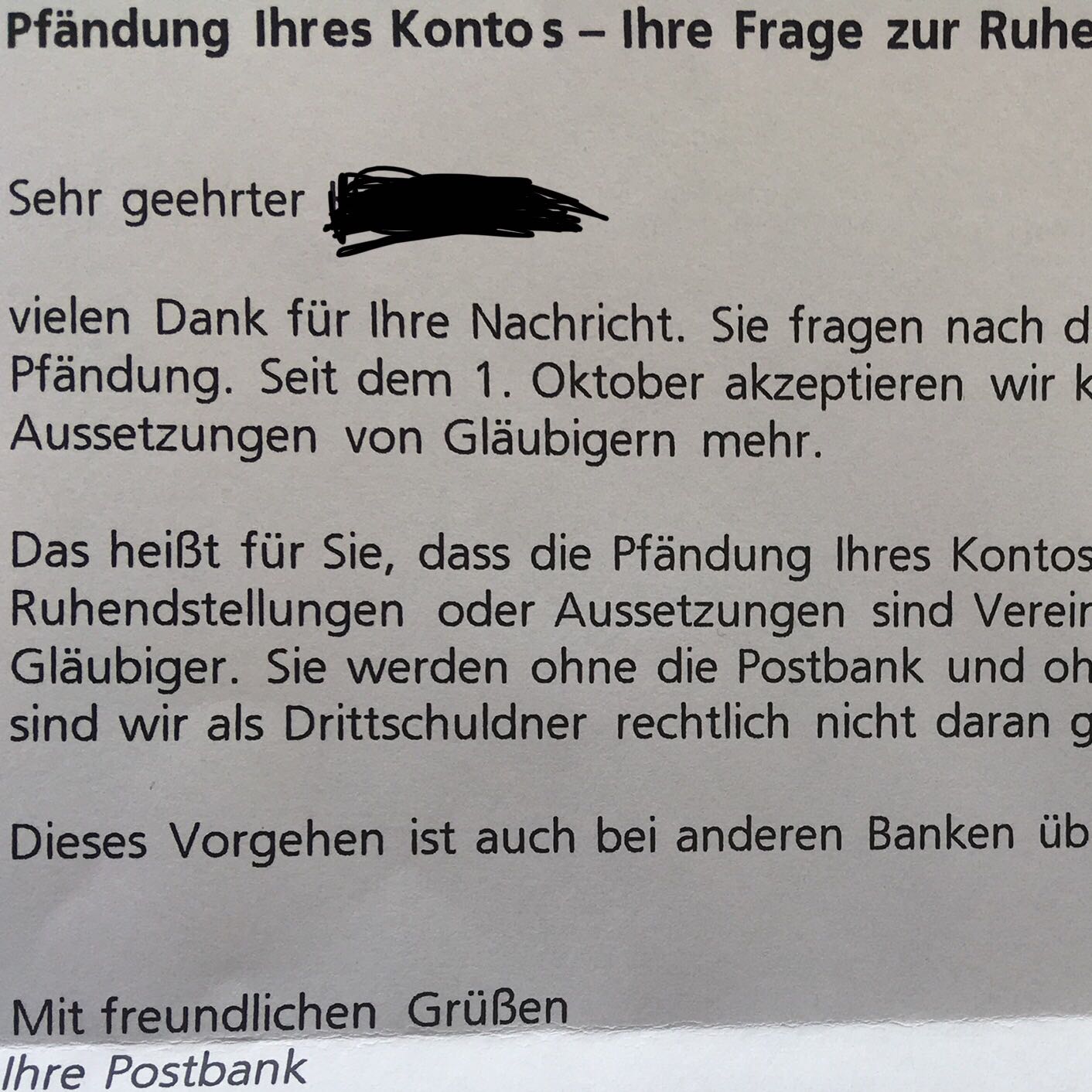 Pfandung Postbank Hilflos Recht Wirtschaft Und Finanzen Schulden