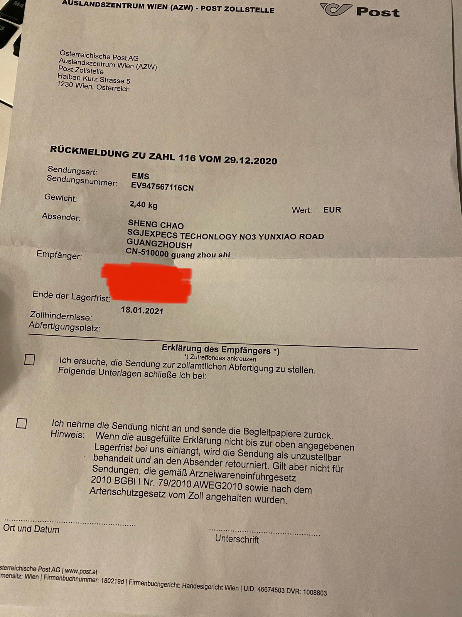 Post vom Zollamt? (Zoll, Brief)