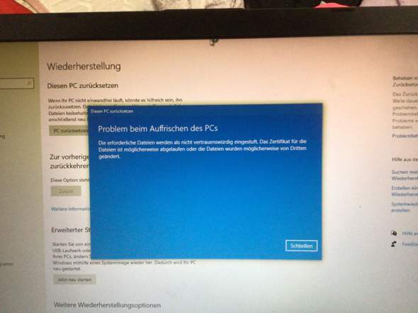 Problem beim auffrischen des PCs Windows 10 Fehlermeldung?