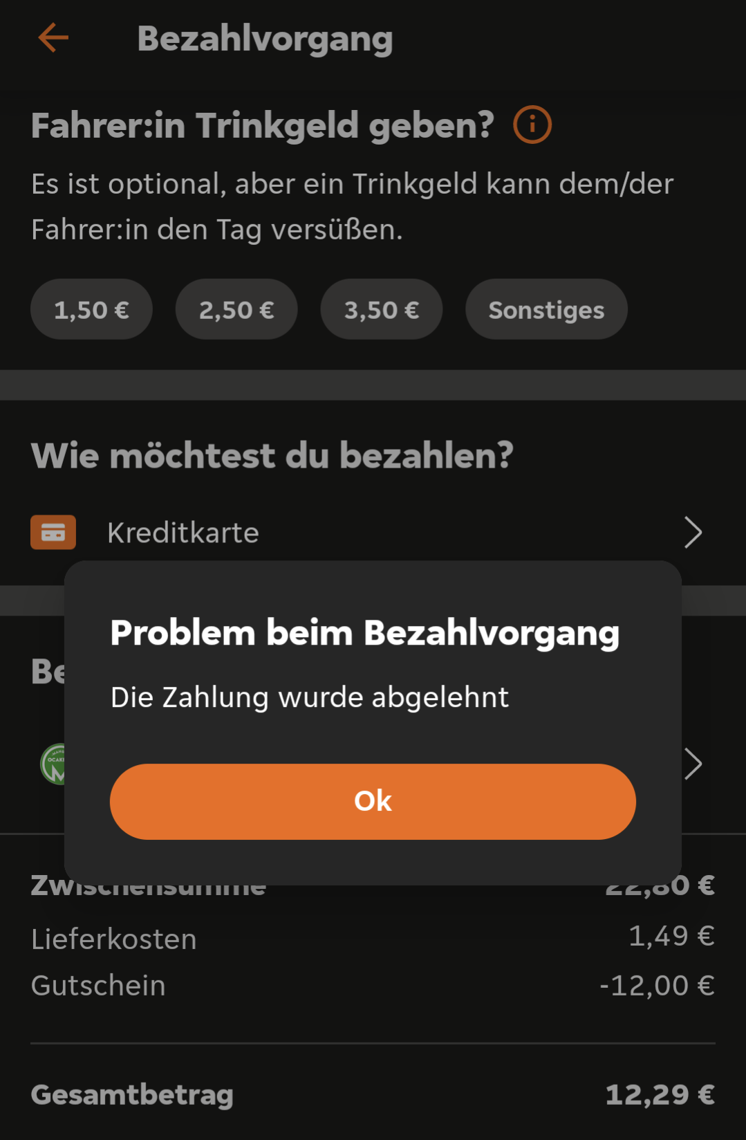 Essen Lieferung Zu Spät Preisminderung Problem beim Bezahlvorgang in Lieferando App? (Essen, Lieferung, Uber eats)