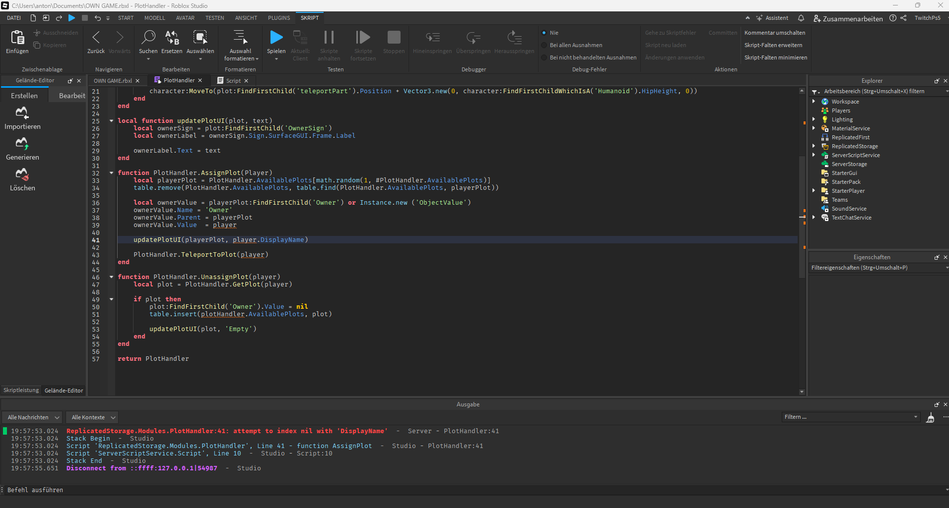 Problem mit script in Roblox Studio? (PC, developer)