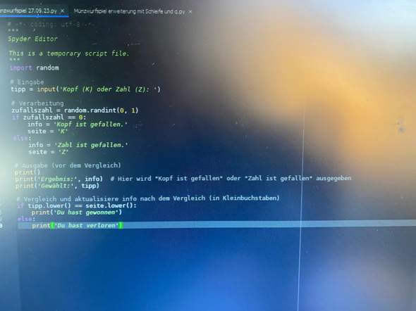 Python Kopf Form Python: Wie kann ich das Münzspiel anpassen, um bei Eingabe von