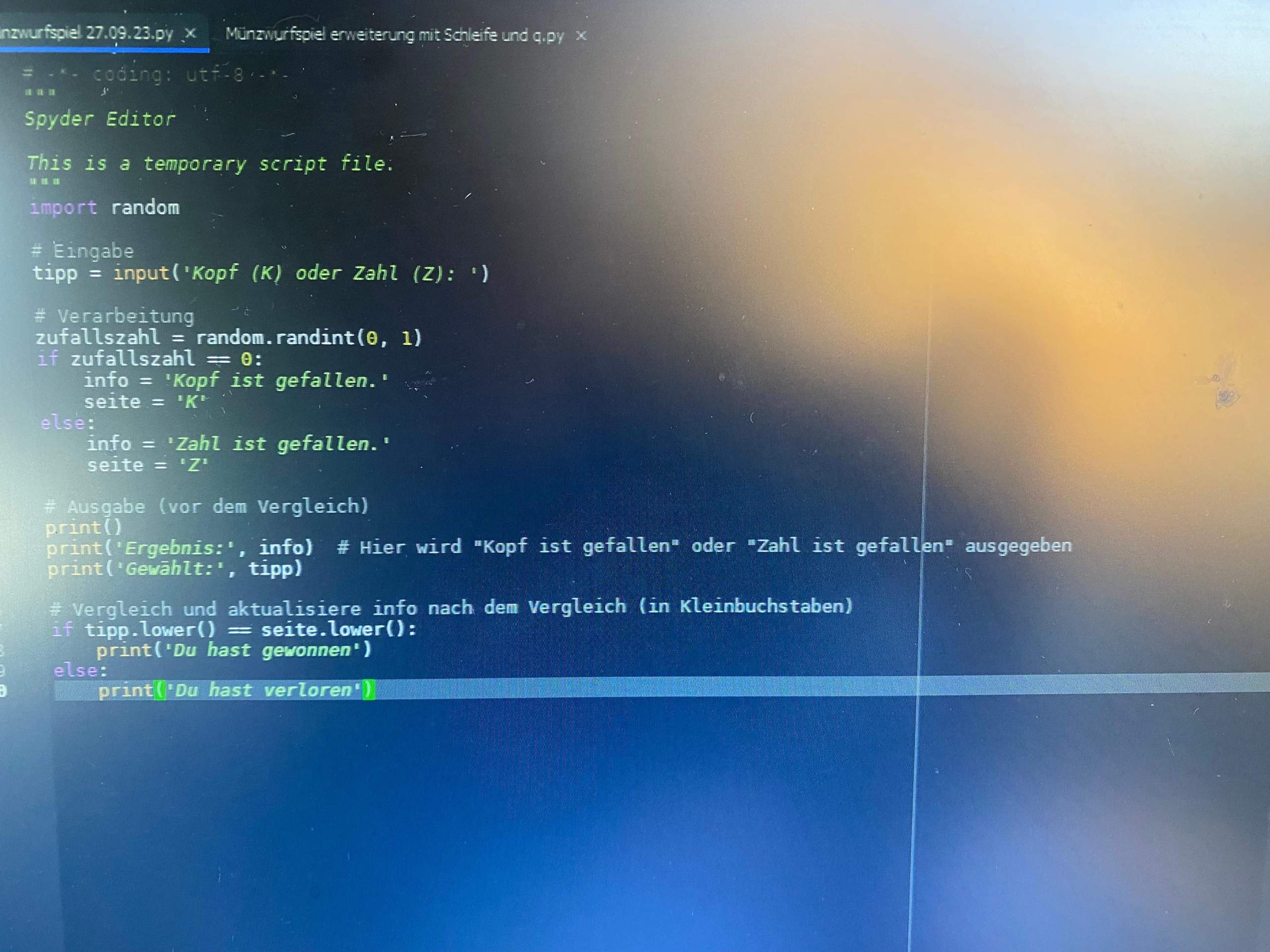 Python: Wie kann ich das Münzspiel anpassen, um bei Eingabe von "kopf ...