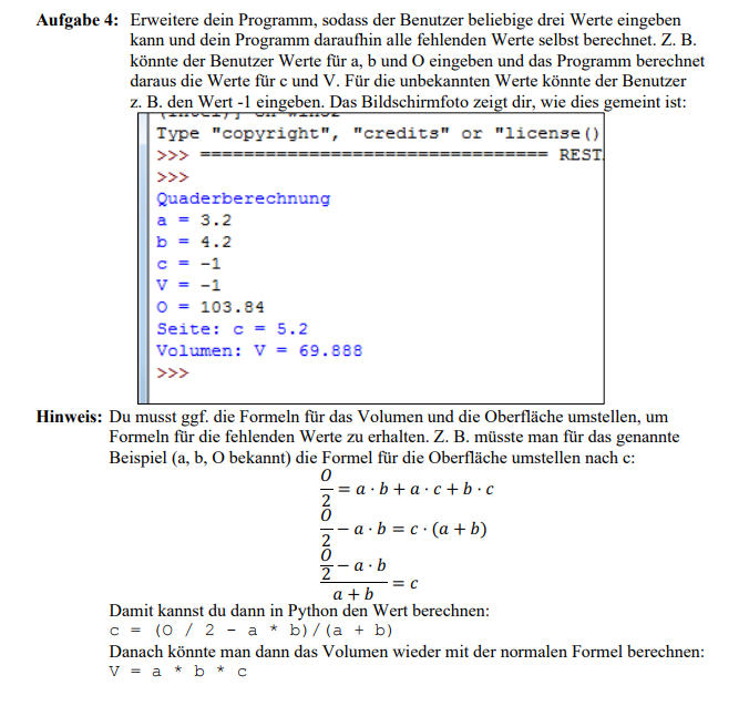 PythonSkript zur Berechnung von Oberflächeninhalt, Volumen und der