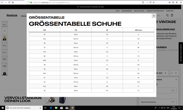 Reebok Komische Grossentabelle Mode Schuhe Grosse