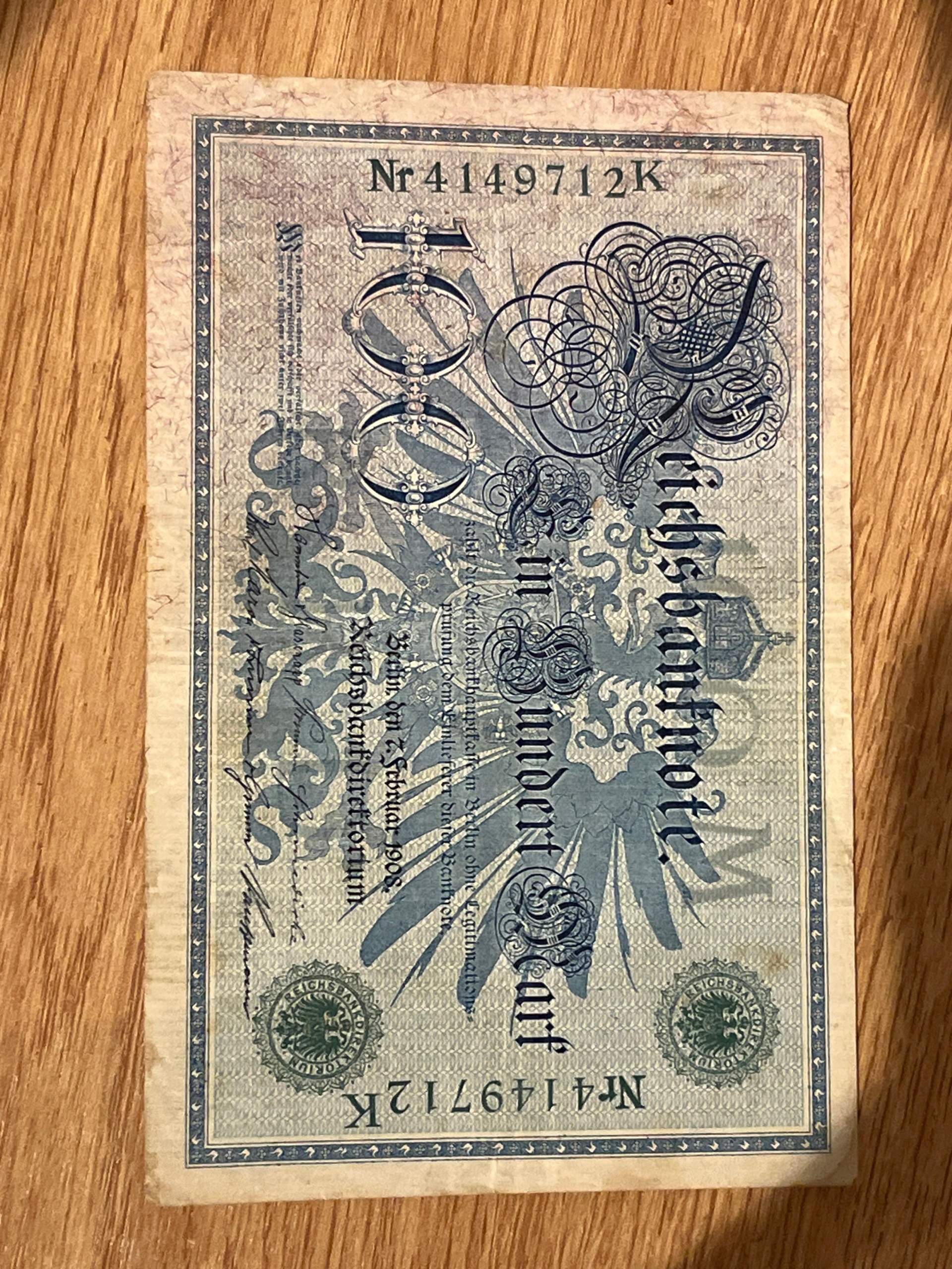 Reichsbanknote 100 Mark 7 Februar 1908 Wert Reichsbanknote 1908 wert? (Geld, Münzen, Antiquitäten)