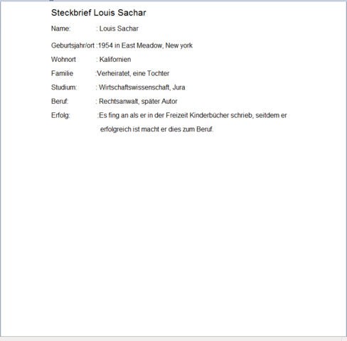 Richtiger Tabellarischer Steckbrief Schule Autor Louis Sachar