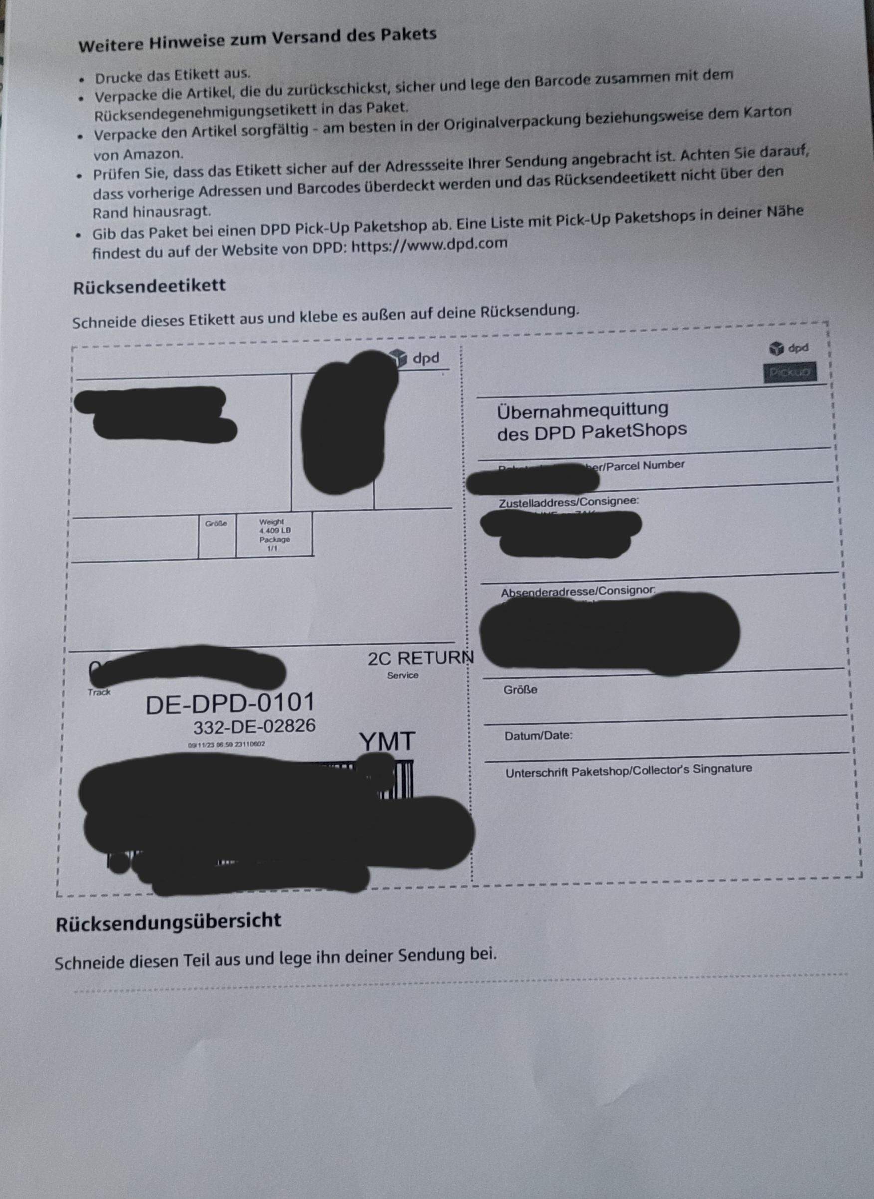 Rücksendegenehmigungsetikett Amazon? (Rücksendung, DPD)