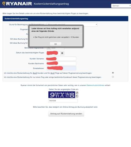 Ryanair Ruckerstattung Flug