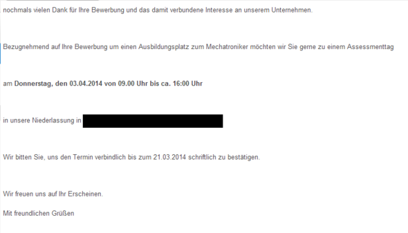 Schriftliche Bestatigung Ausbildung E Mail Brief