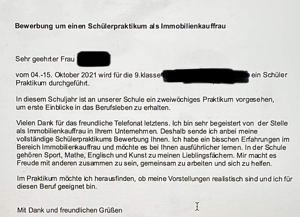 Schülerpraktikum bewerbung? (Text)