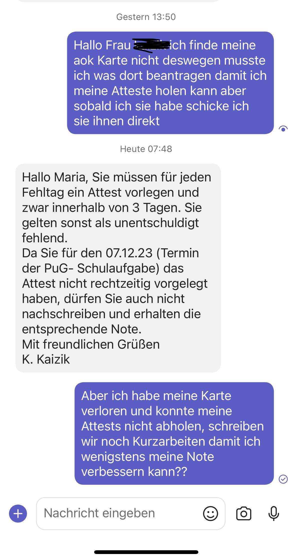 Schule Attest? (Arbeit, Lehrerin)