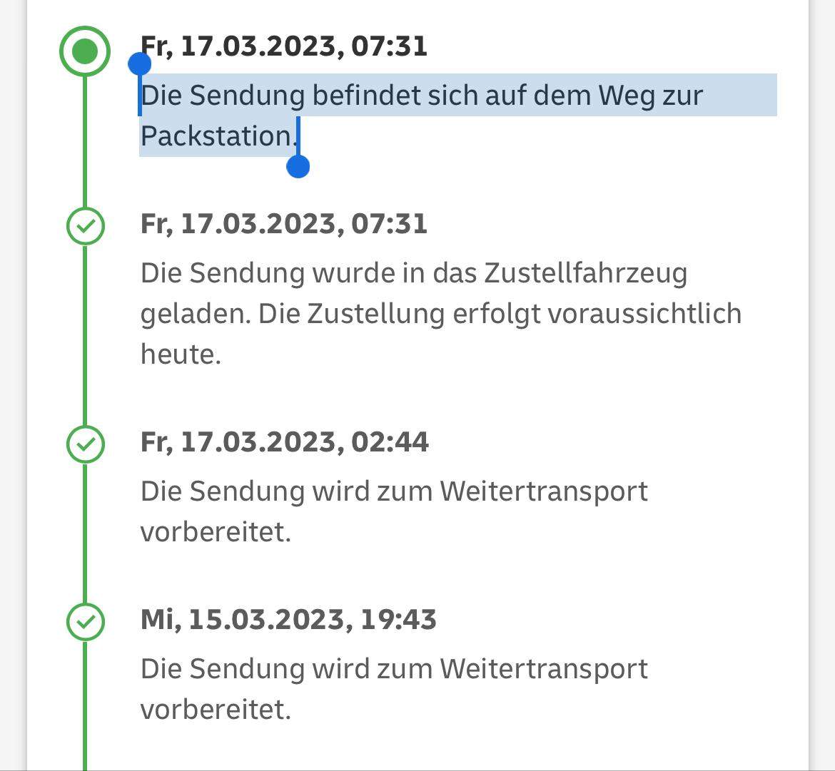 Sendung Ist Auf Dem Weg Zum Zielort seit gestern morgen steht „Die Sendung befindet sich auf dem Weg zur