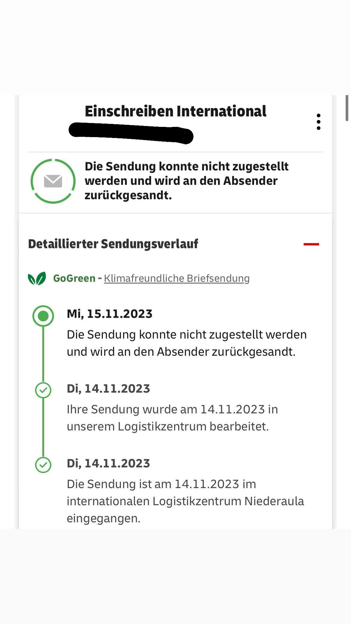 Sendung konnte nicht zugestellt werden und wird an den Absender zurückgeschickt? (England