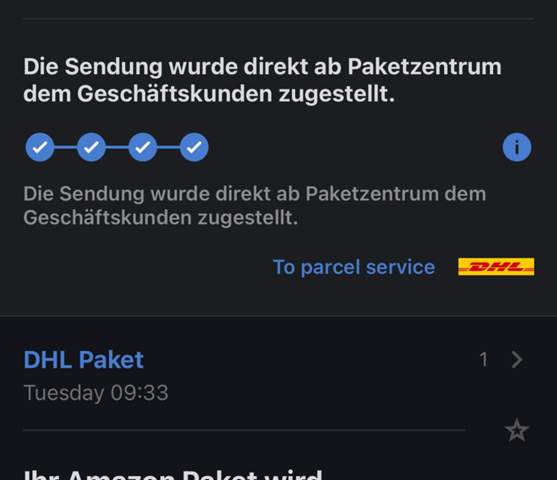 Sendung wurde direkt ab Paketzentrum dem Geschäftskunden zugestellt