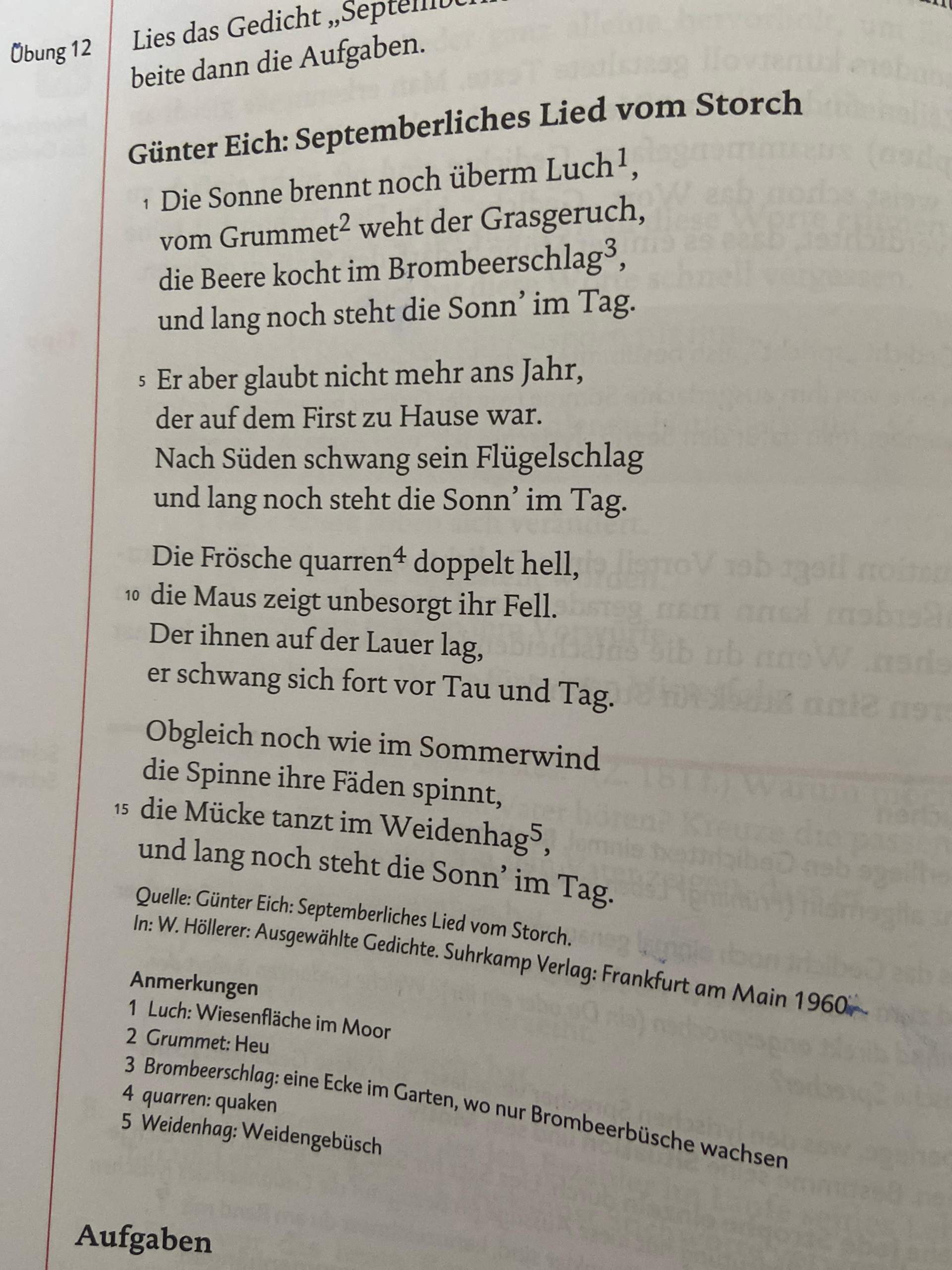 Septemberliches Lied vom Storch? (Schule, Deutsch)